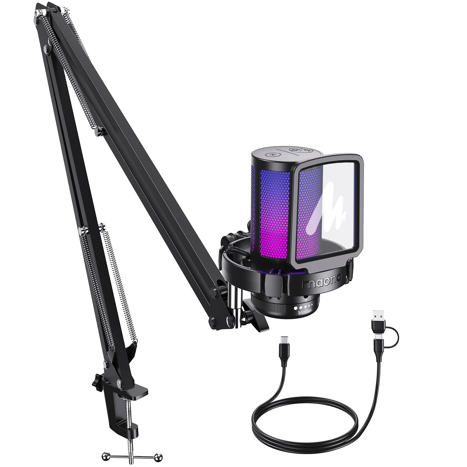 maono DGM20S Gaming USB Microphone Condenser Mic with RGB Light Noise Cancellation Boom Arm for Streaming Podcast YouTube Tiktok