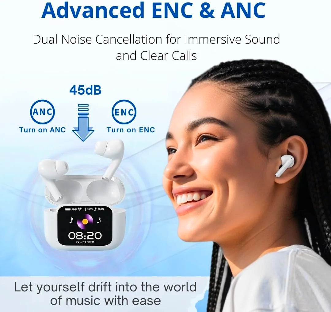 UYUXIO BT 5.4 Wireless Earphone ANC ENC Earbuds with LCD Screen High Sound Quality Headphonew with Noise Cancelling Ear Buds