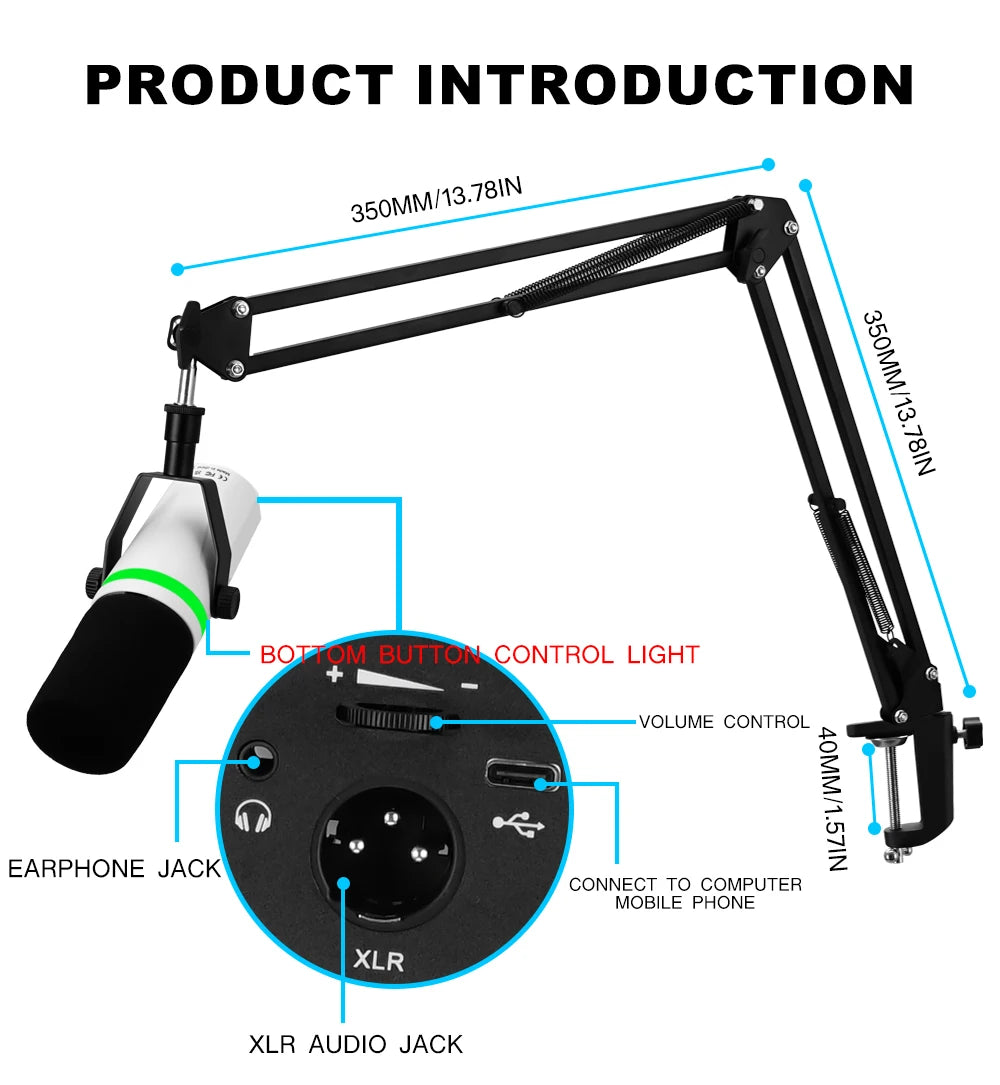 Professional USB Or XLR Streaming Podcast PC RGB Microphones Studio Cardioid Mic Kit with Cantilever Boom Bracket For Recording