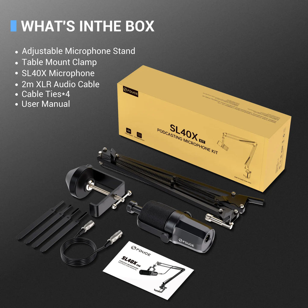 FDUCE SL40X+ /SL40X XLR Dynamic Microphone Kit With Arm Stand/Built-in Headset Output / Sound Insulation,For PC PS5/4 Mixer