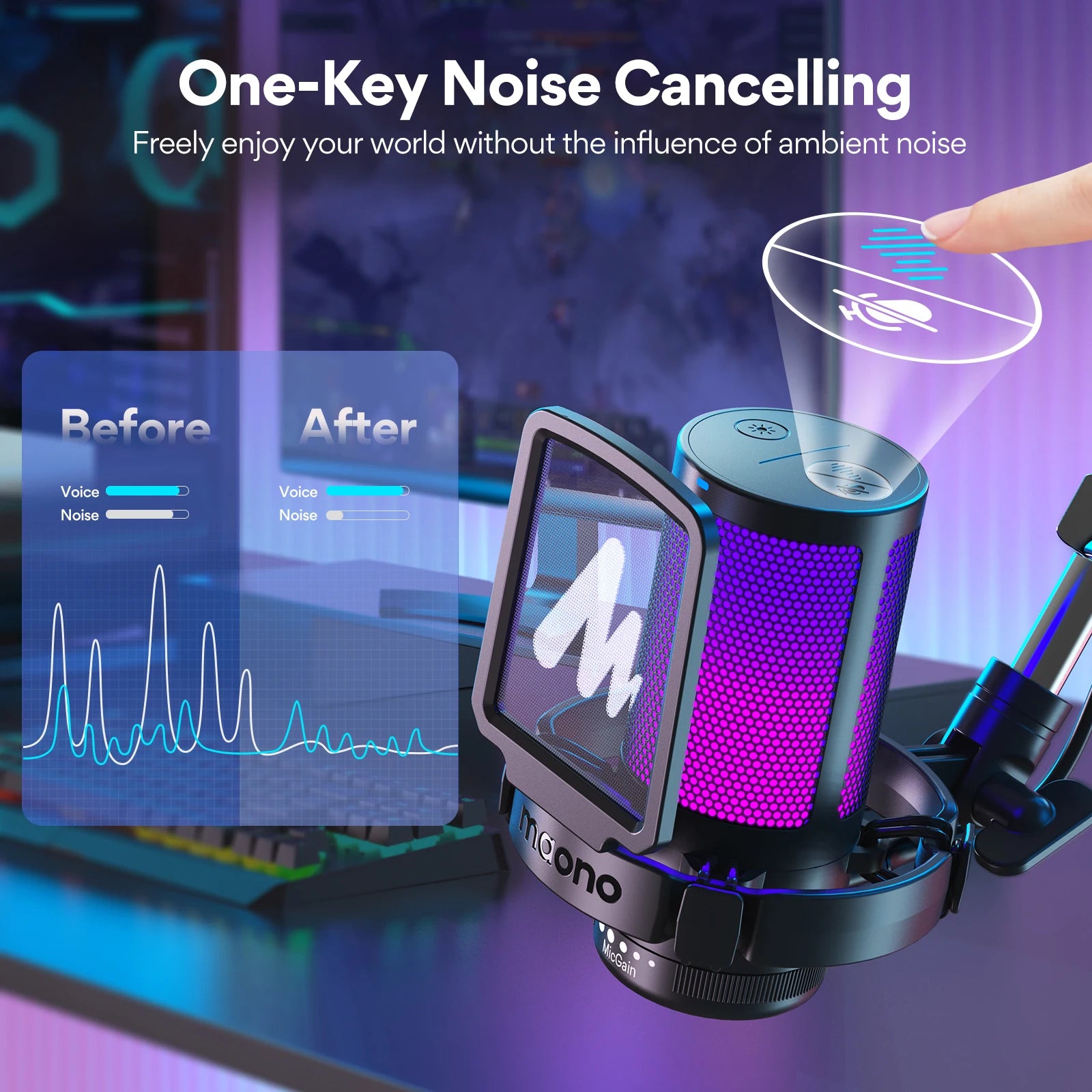 maono DGM20S Gaming USB Microphone Condenser Mic with RGB Light Noise Cancellation Boom Arm for Streaming Podcast YouTube Tiktok