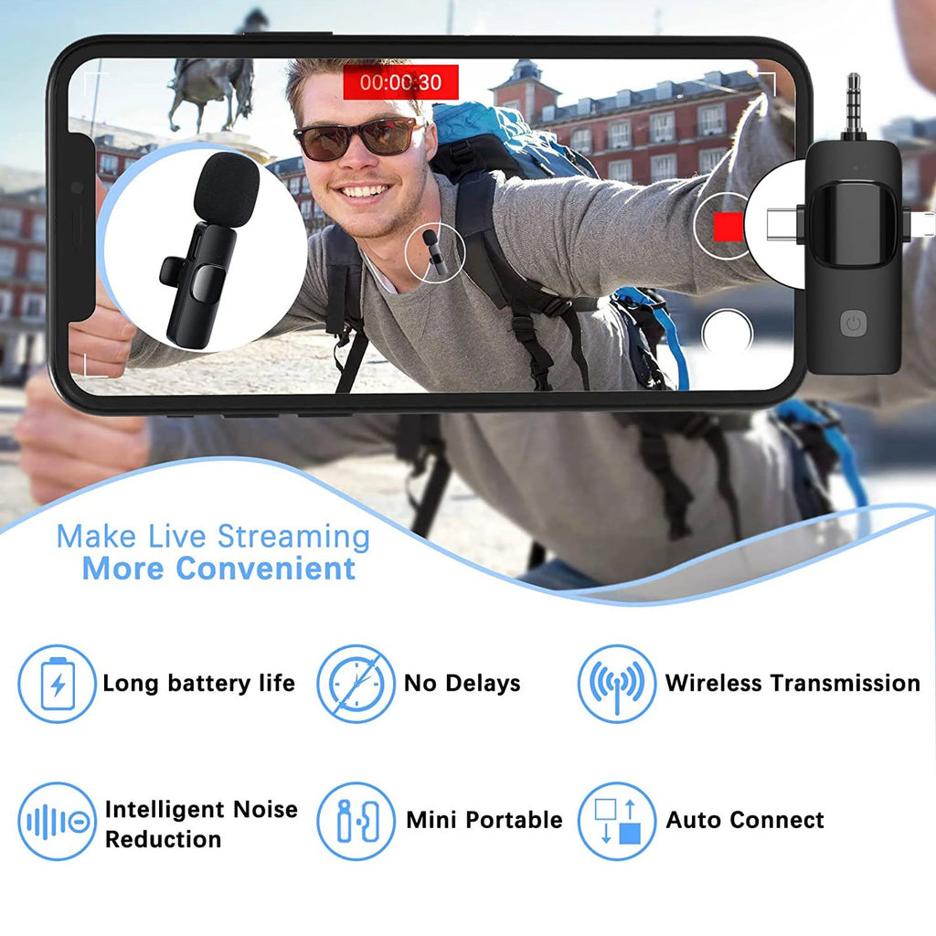 2025 Hot 4 In 1 Wireless Lavalier Microphone for iPhone Android 3.5mm for Radio Live Recording Noise Reduction Mini Microphone