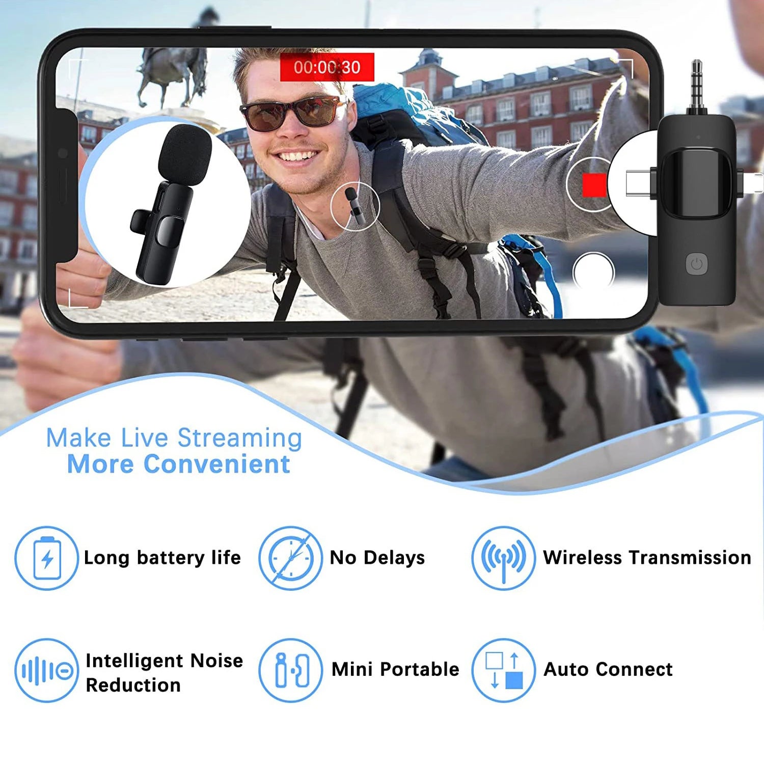2025 Hot 4 In 1 Wireless Lavalier Microphone for iPhone Android 3.5mm for Radio Live Recording Noise Reduction Mini Microphone
