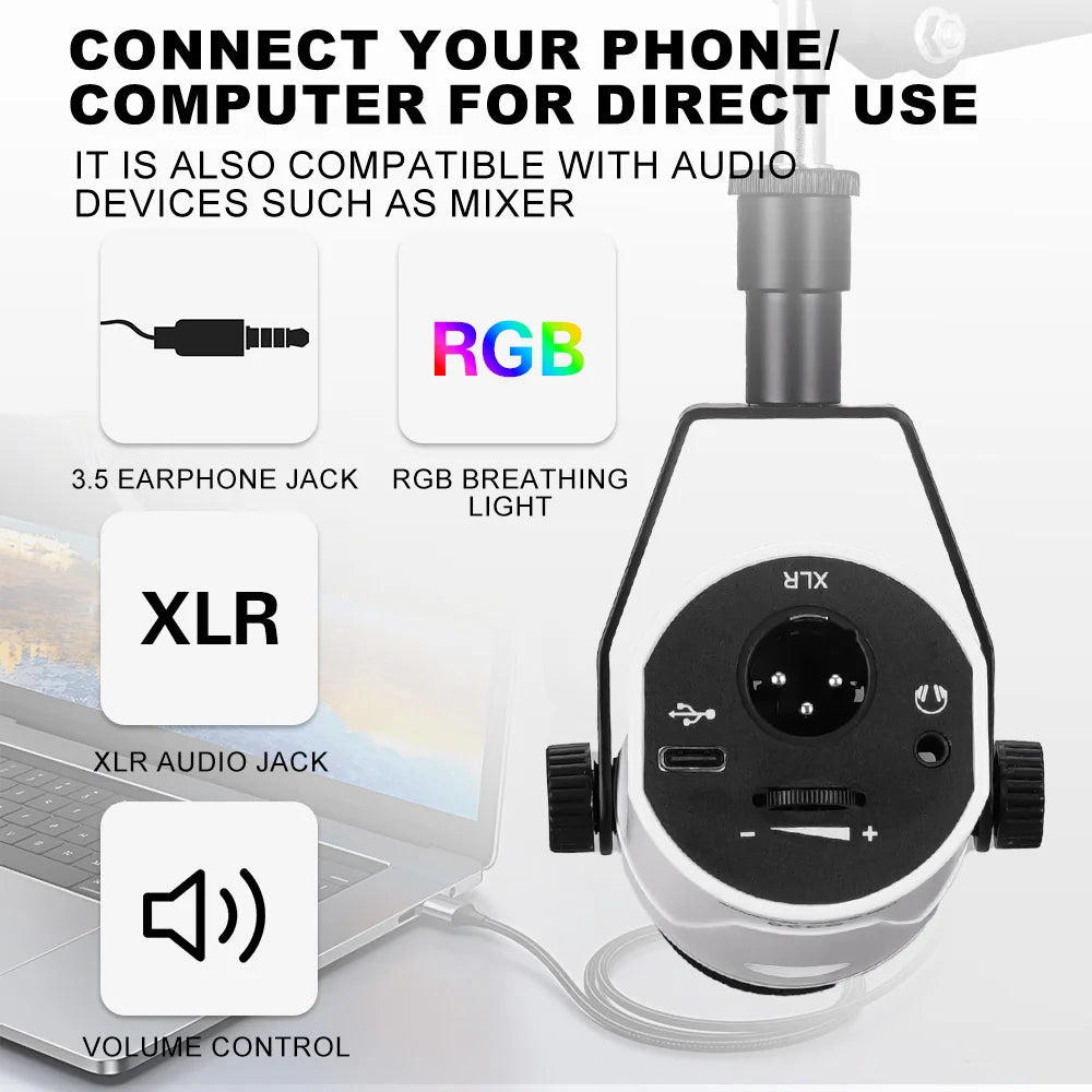 Professional USB Or XLR Streaming Podcast PC RGB Microphones Studio Cardioid Mic Kit with Cantilever Boom Bracket For Recording